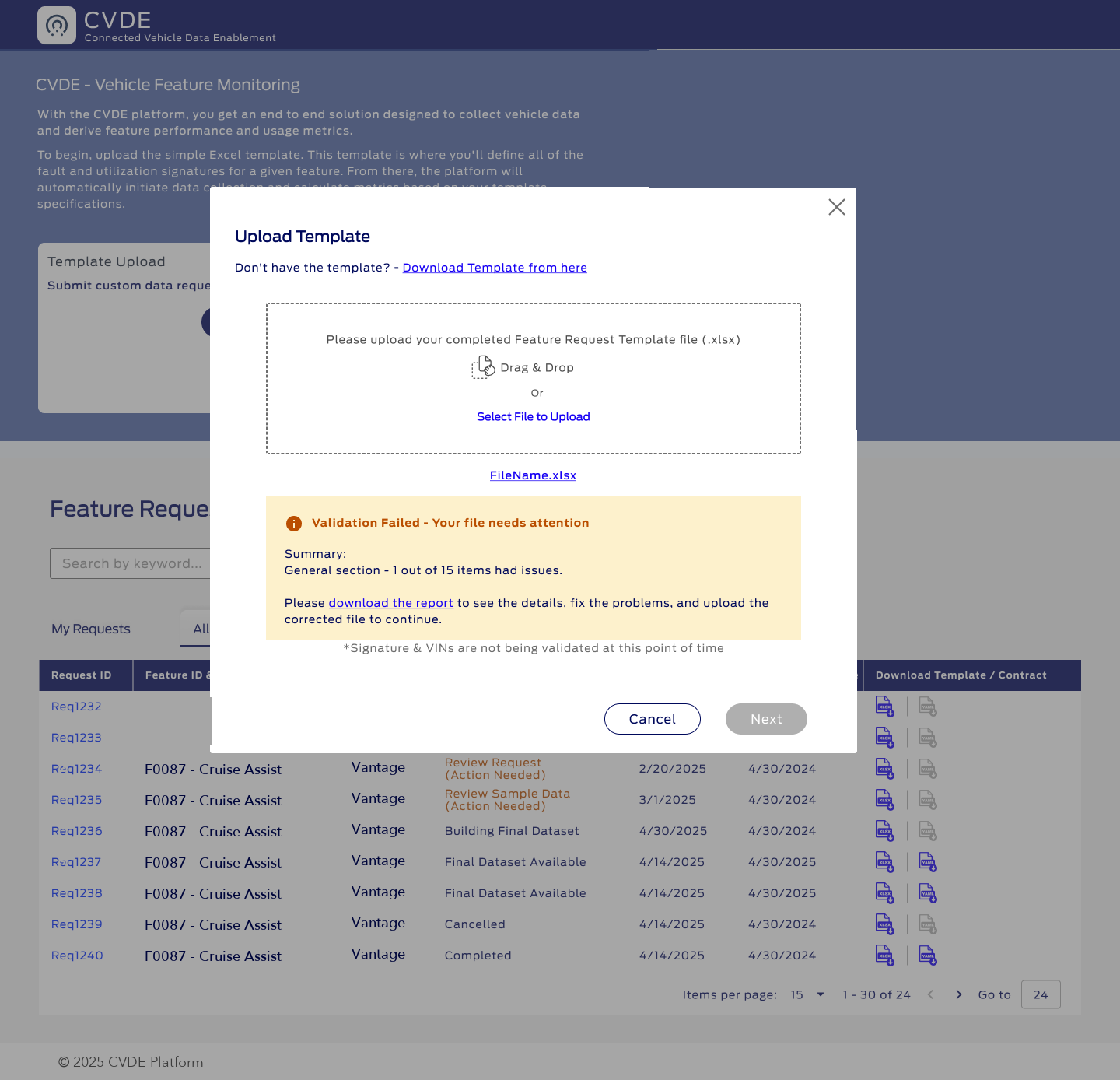 Template upload with validation feedback