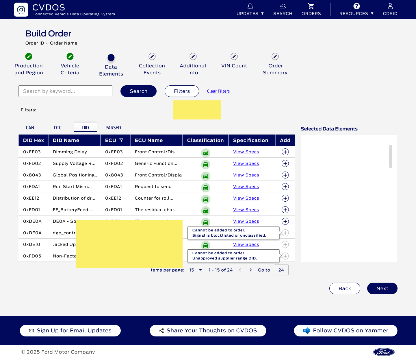 CVDOS data-elements selection page on the DID tab with developer notes for progressive guidance